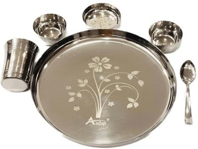 Aadaji Stainless Steel Dinner Set Combo 6 Thali, 12 Bowls, 6 Mini Sweet Dish Plate, 6 Glass and 6 Spoon Dinner Set(Silver)