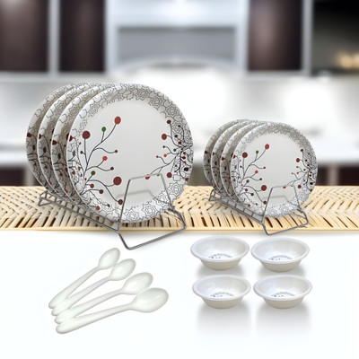 Kitchrox Pack of 16 Melamin Round Dinner Set Contains 4 Full Plates, 4 Half Plates, 4 Bowls & 4 Spoons Dinner Set(Multicolor)