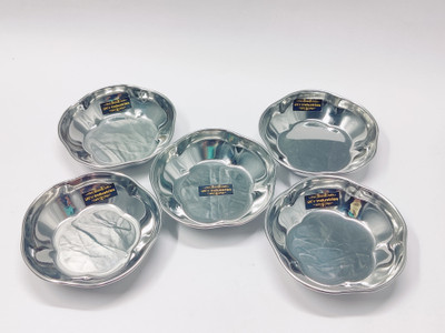 Dev Industries Pack of 5 Stainless Steel Stainless Steel Mirror Finish Flower Shape Halwa Plate 12cm- 120ml Each Dinner Set(Silver)