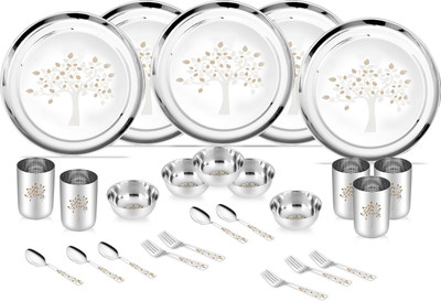Classic Essentials Pack of 20 Stainless Steel Vriksha Dinner Set, 20-Pieces Heavy Gauge with Permanent Laser Design Dinner Set(Silver)