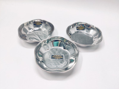 Dev Industries Pack of 3 Stainless Steel Stainless Steel Mirror Finish Flower Shape Halwa Plate 12cm- 120ml Each Dinner Set(Silver)