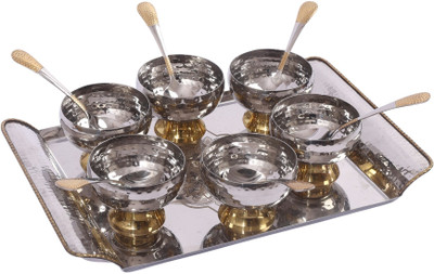 MUDRIKA INTERNATIONAL Pack of 7 Steel, Brass Luxury Silver-Plated 6 Bowl & Spoon Serving Set Dinner Set(Silver)