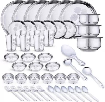 Klassi Kichen Pack of 51 Stainless Steel Steel Laser Printed Flower Dinner Set (Set of 51- Serves 6) Dinner Set(Steel)