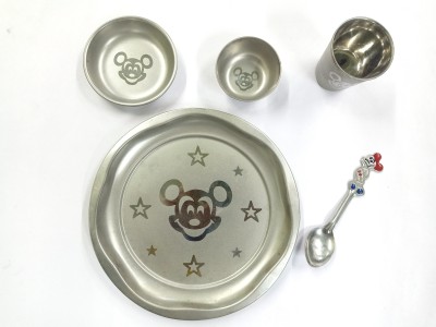 SHINI LIFESTYLE Pack of 5 Stainless Steel Micky Mouse Dinner set Silver finish Dinner Set(Silver)