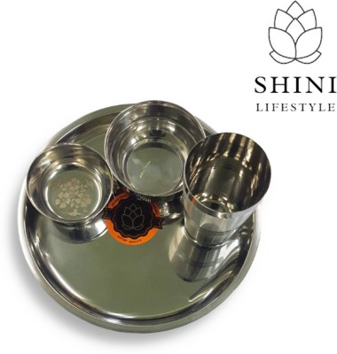 SHINI LIFESTYLE Pack of 4 Stainless Steel Good Quality Mirror Finish (1 Dinner Plates, 1 Big bowl, 1 Small bowl, 1 Glass) Dinner Set(Silver)