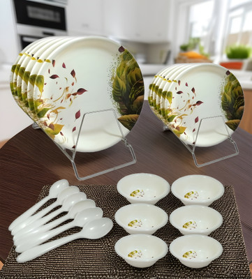Inpro Pack of 24 Melamin (6 Full Plates, 6 Half Plates, 6 Bowls and 6 Spoons) Perfect Dinner Set(Multicolor, Microwave Safe)
