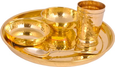 Shivshakti Arts Pack of 5 Brass Thali Set/Dinner Set Hammered Design For Home and Hotel Purpose.(5 Piece,yellow) Dinner Set(Yellow)