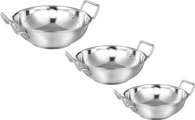 JIGGL Stainless Steel Deep Frying Gas Stove Suitable Bottom 3 pc Kadai with Handle K1 Cookware Set(Stainless Steel, 3 - Piece)