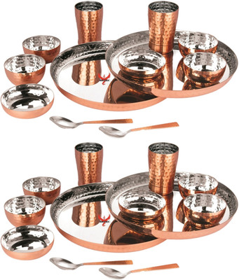 YUIOP Pack of 24 Copper Royal Hammer Copper Dinner Set With 4 Thali, 4 Dish, 8 Bowls, 4 Spoon & 4 Glass Dinner Set(Brown, Microwave Safe)