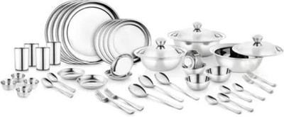 Lipzie Pack of 46 Steel 46-Piece Stainless Steel Checkered 24-Gauge Diamond Touch Eco Dinner Set Dinner Set(Silver, Microwave Safe)