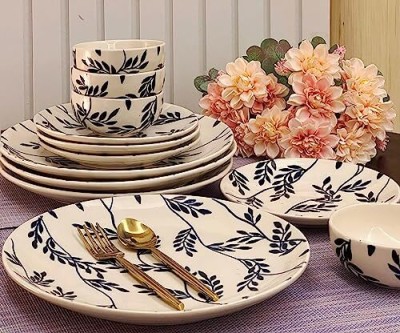 Praahi Lifestyle Pack of 12 Ceramic Handmade Dinner Set | 12 pieces | 4 Full Plates, 4 Quarter Plates, 4 Small Bowls Dinner Set(White, Microwave Safe)