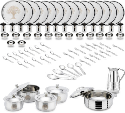 Ginara Pack of 85 Stainless Steel Laser Printed Tree Model-5 Set,Handi,Lid,Jug,Serving Spoon,Hot pot. Dinner Set(Silver)