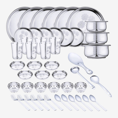 LIMETRO STEEL Pack of 51 Stainless Steel Laser Printed Flawer Design (Serves 6) Dinner Set(Silver)