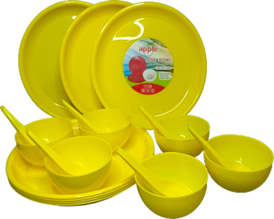 x pods Pack of 18 Plastic Daily Use Unbreakable Round Dinner Set Dinner Plates Set of 6 & 6 Bowl,6 Spoon Dinner Set(Yellow, Microwave Safe)