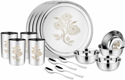 PanCraft Pack of 16 Stainless Steel 16 Pcs Floral Dinner Set | Heavy Gauge Glossy Finish Bartan Dinner Set(Silver)