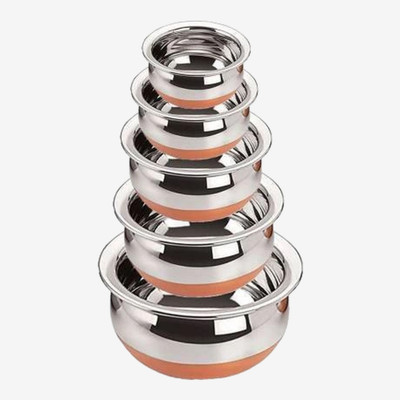Nirvika Pack of 5 Stainless Steel Pack of 5 Copper Bottom Handi Set/Serving Bowl Patila Set /Cookware Dinner Set(Silver)