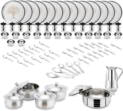 Ginara Pack of 85 Stainless Steel Laser Printed Tree Model-5 Set,Handi,Lid,Jug,Serving Spoon,Hot pot. Dinner Set(Silver)