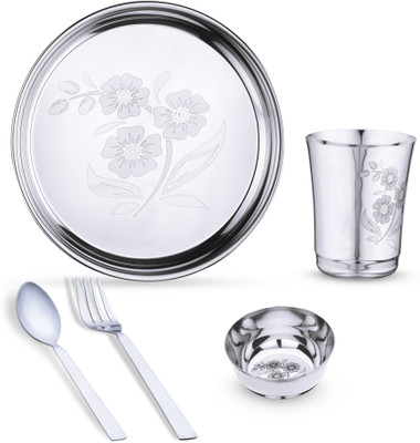 LIMETRO STEEL Pack Of 5 Stainless Steel Laser Printed Flower (Serves 1) Dinner Set (Steel) For Rs. 249 @ 50 %