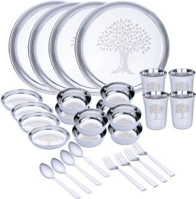 LIMETRO STEEL Pack of 28 Stainless Steel Laser Printed (Serves 4) Dinner Set(Silver)