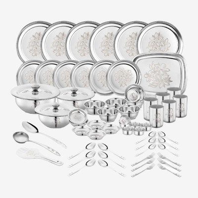 Classic Essentials Pack of 64 Stainless Steel Dinner Set|Serves 6 People|Heavy Gauge|Kitchen Set|Permanent Laser-Glory Dinner Set(Steel)