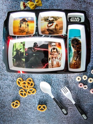 Servewell Pack of 3 Melamin Rectangle Kids Set (Plate, Fork & Spoon) Star Wars Dinner Set(White)