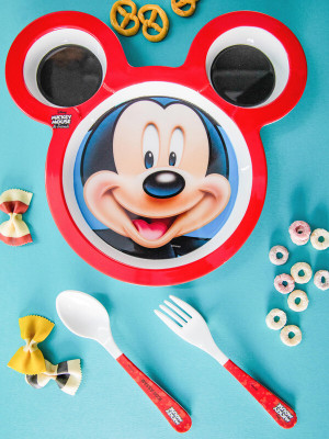Servewell Pack of 3 Melamin Maggie Kids Set (Plate and Fork & Spoon)Kids Set Mickey Dinner Set(White)