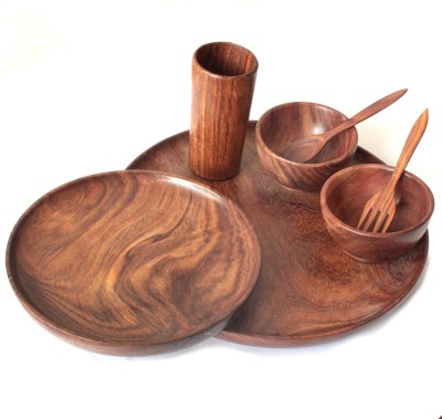 refurno creations Wood Dinner Set Decorative Dinner Thali Set - Plate Glass Bowls and Spoon Dinner Set(Brown)