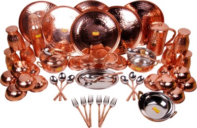 Shivshakti Arts Pack of 51 Copper Pure Copper Dinner Set - 51 Pieces - Designer - (Hammer Copper Thali Set) Dinner Set(Brown)