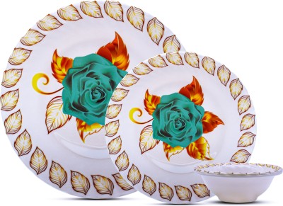 Laserbot Pack of 18 Melamin Round Florel dinner plate with bowl (6 full Plate|| 6 Bowl || 6 Half Plate) Dinner Set(White, Green)