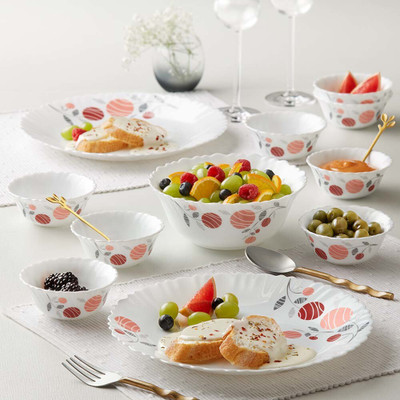 Larah by Borosil Pack of 17 Opalware Dahlia Galaxy Series Crockery for Dining & Gifting Dinner Set(Pink, Microwave Safe)