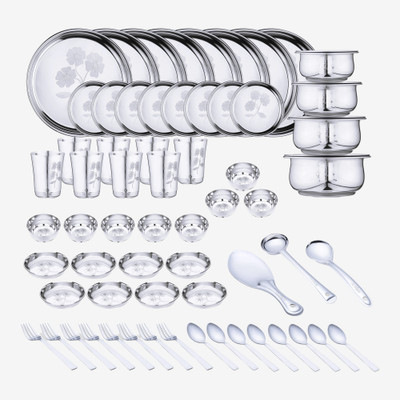 LIMETRO STEEL Pack of 67 Stainless Steel Laser Printed Flawer Design (Serves 8) Dinner Set(Steel)