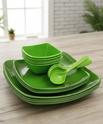Inpro Pack of 16 Melamin Banana Leaf Dinner set stackable and reusable dishwasher safe plates and bowls. Dinner Set(Green)