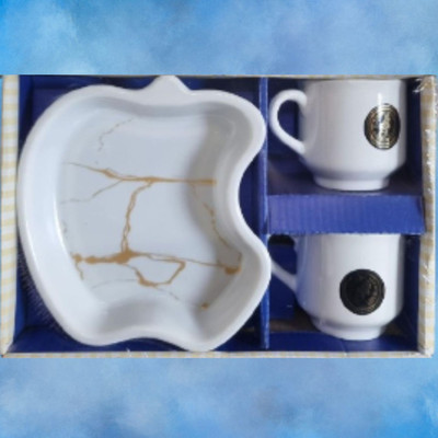 Barkati Ceramic 2 Cup Set with Apple Design Plate White Dinner Set(White)