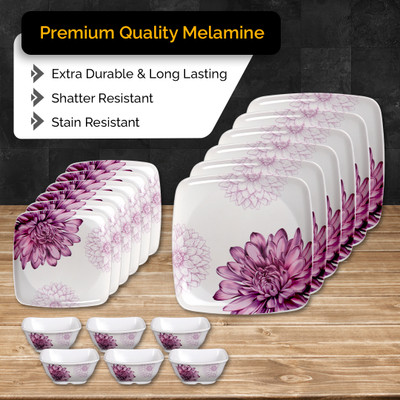 Hamlay Pack of 18 Melamin Pink Dahlia 18 pcs Dinner Set(Pink, White, Multicolor)