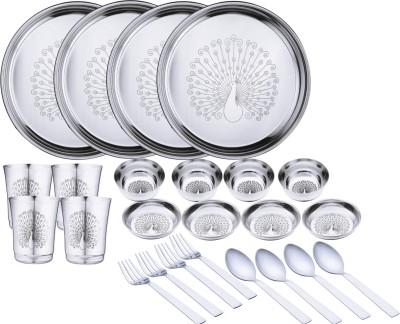 LIMETRO STEEL Pack of 24 Stainless Steel Laser Printed Peacock Design (Serves 4) Dinner Set(Silver)