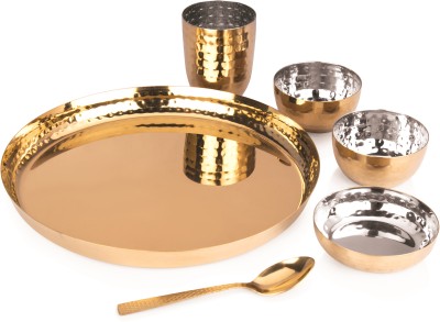 Moltres Pack of 6 Stainless Steel - Royal 6pc Gold PVD Hammer Dinner Set |1 Thali, 1 Plate, 2 Bowl,1 Glass,1 Spoon Dinner Set(Gold)