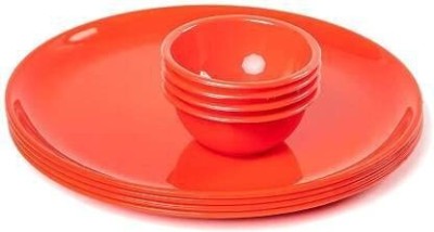 Kanha Pack of 6 Plastic Microwave Safe and Unbreakable Red Round Full Plates with Bowl - Pack of 3 Plates and 3 Bowl Set- 6 Pieces Dinner Set(Red, Microwave Safe)