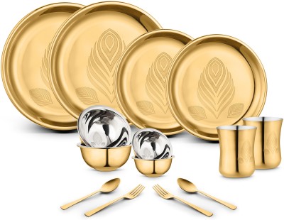 Classic Essentials Pack of 14 Stainless Steel Divine Dinner Set, High Grade PVD Coating with Permanent Laser Design Dinner Set(Gold)