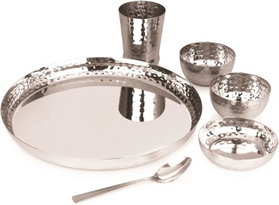 Moltres Pack of 6 Stainless Steel -Royal Hammer Steel Dinner Set -Includes 1 Thali,2 Bowls,1 Plate,1 Spoon,1 Glass Dinner Set(Steel, Microwave Safe)