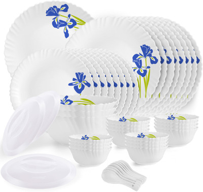 cello Pack of 47 Opalware Dazzle Iris|Crockery Set|Blue Dinner Set(Blue, White, Microwave Safe)