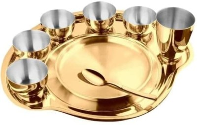 Parik Enterprises Brass 9 Gold Plated High Grade Stainless Steel Thali Set with PVD Coating Dinner Set(Brown)