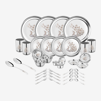 Classic Essentials Pack of 42 Stainless Steel Dinner Set|Serves 4 People|Heavy Gauge|Kitchen Set|Permanent Laser-Peacock Dinner Set(Silver)