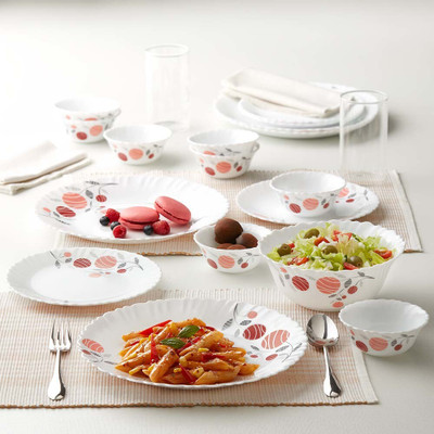 Larah by Borosil Pack of 13 Opalware Dahlia Dinner Set(Pink, Microwave Safe)