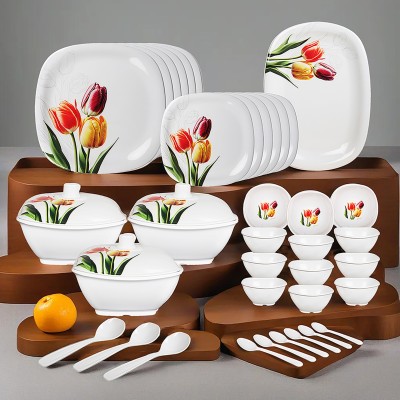 Flipkart SmartBuy Pack of 40 Melamin Blossom Spectrum Melamine|Dishwasher Safe|Stain Resistant Dinner Set(White, Multicolor)