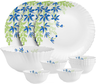 cello Pack of 10 Opalware Dazzle Series Blue Primrose Crockery Set |Dishwasher Safe|Light-Weight Dinner Set(Green, Blue, Microwave Safe)