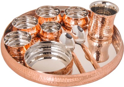 Shivshakti Arts Pack of 10 Copper Copper Thali / Dinner Set Inside Steel Hammered Finish 10Pcs Set for Home/Hotel Dinner Set(Brown)