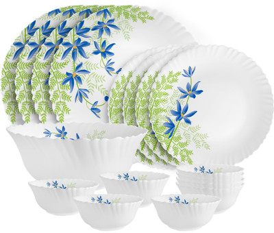 cello Pack of 17 Opalware Dazzle Series Blue Primrose Crockery Set |Dishwasher Safe|Light-Weight Dinner Set(Green, Blue, Microwave Safe)