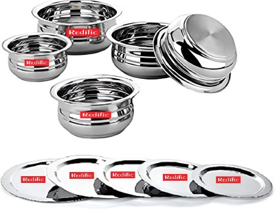 Redific Pack of 10 Stainless Steel Redific stainless steel Handi/Urli 5 piece handi with lid Dinner Set(Silver, Microwave Safe)
