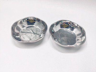 Dev Industries Pack of 2 Stainless Steel Stainless Steel Mirror Finish Flower Shape Halwa Plate 12cm- 120ml Each Dinner Set(Silver)