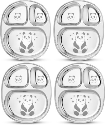 KITCHEN CLUE Pack of 4 Stainless Steel 3 In 1 Compartment Plates For Kids, Steel Dinner Plates (Laser Design - PANDA) Dinner Set(Silver)